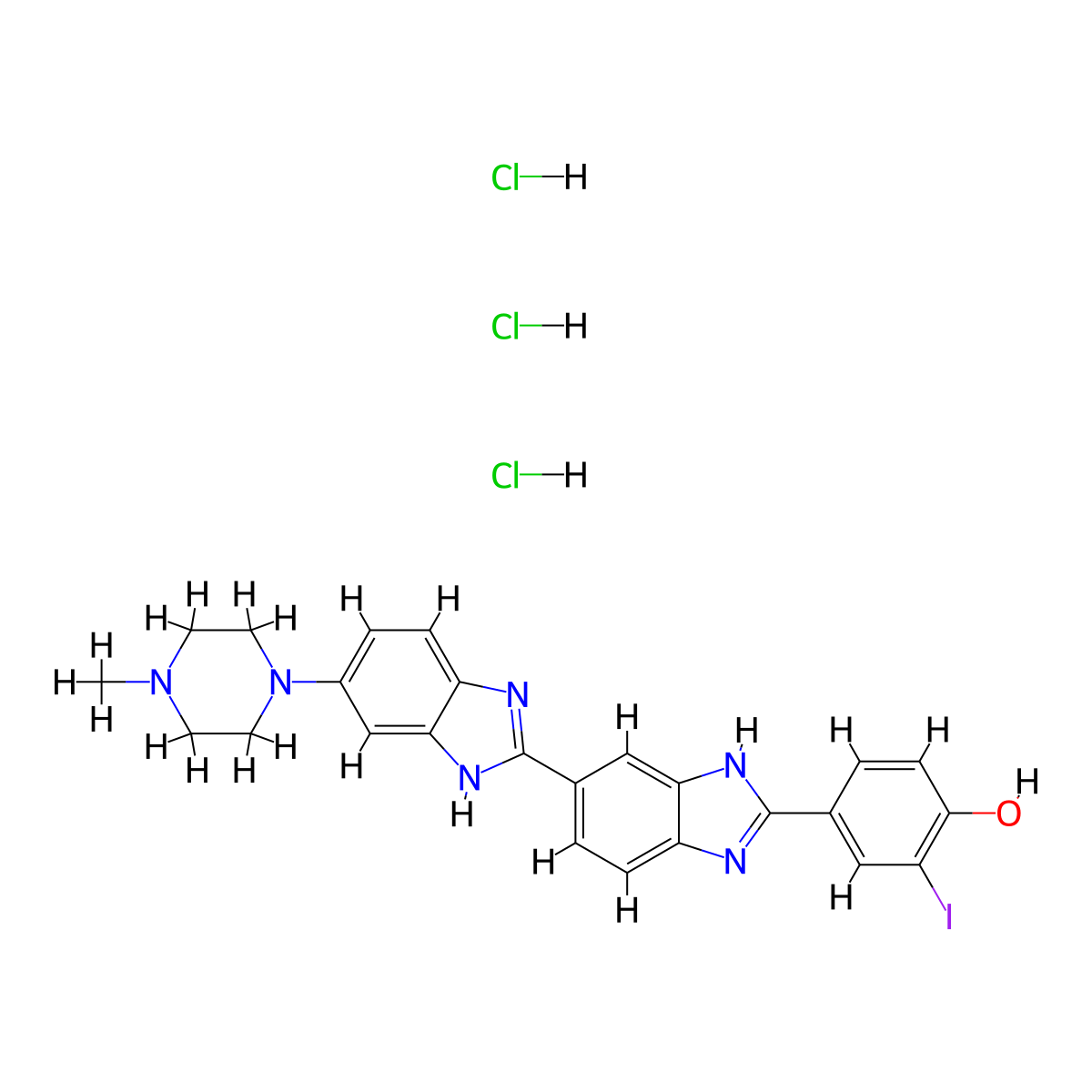 2-iodo-4-[6-[6-(4-methylpiperazin-1-yl)-1H-benzimidazol-2-yl]-1H-benzimidazol-2-yl]phenol;trihydrochloride molecular structure, CAS 155815-98-8
