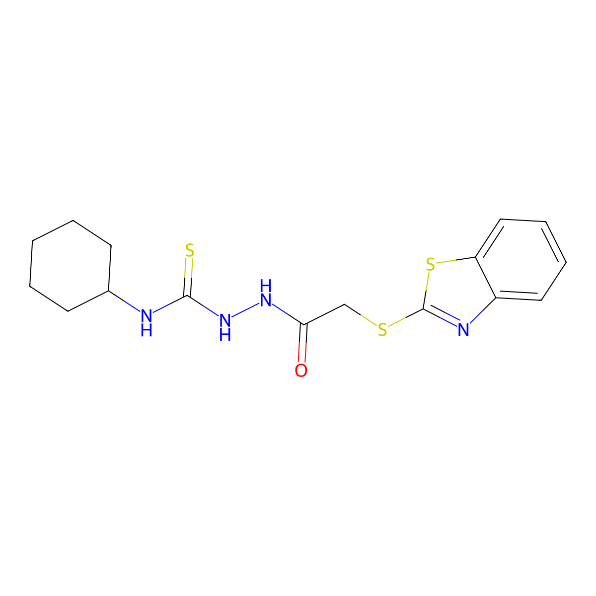 2-benzothiazol-2-ylthio-N-{[(cyclohexylamino)thioxomethyl]amino}acetamide molecular structure, CAS 155821-01-5
