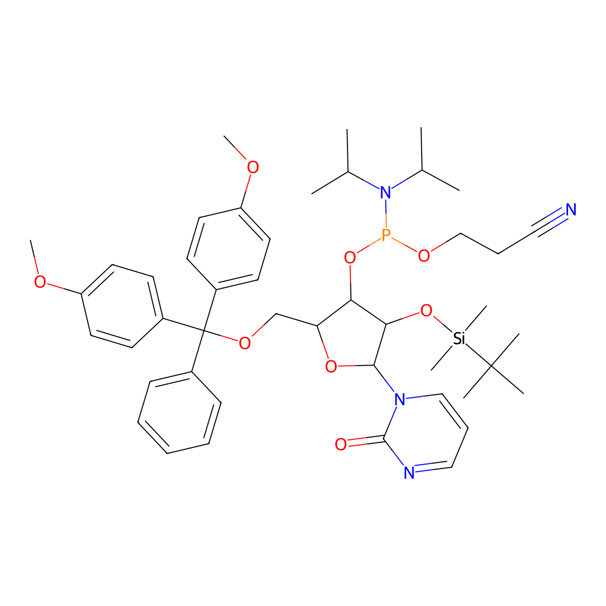 (2R,3R,4R,5R)-2-((Bis(4-methoxyphenyl)(phenyl)methoxy)methyl)-4-((tert-butyldimethylsilyl)oxy)-5-(2-oxopyrimidin-1(2H)-yl)tetrahydrofuran-3-yl (2-cyanoethyl) diisopropylphosphoramidite molecular structure, CAS 155831-90-6