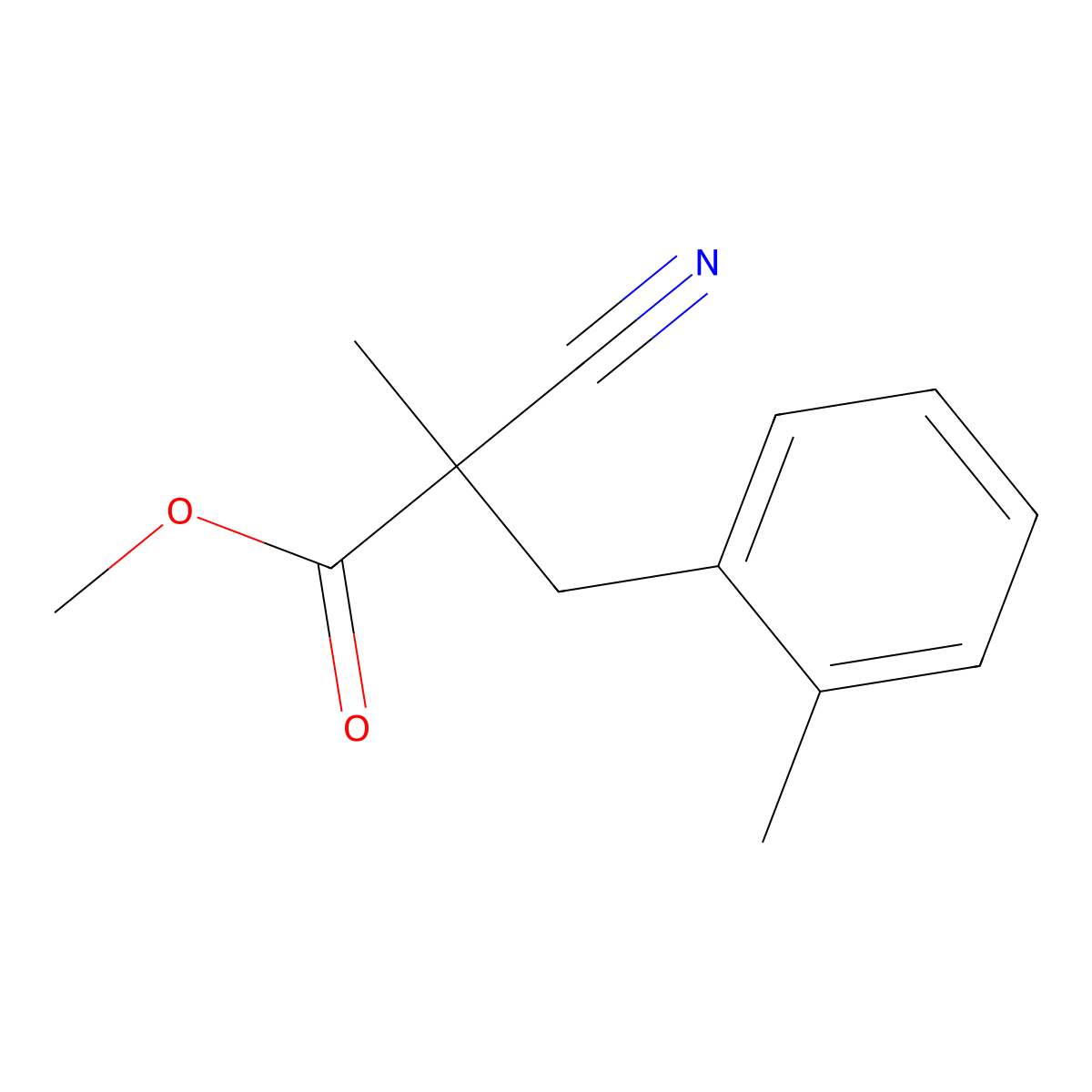 Methyl 2-cyano-2-methyl-3-(2-methylphenyl)propanoate molecular structure, CAS 1558345-72-4