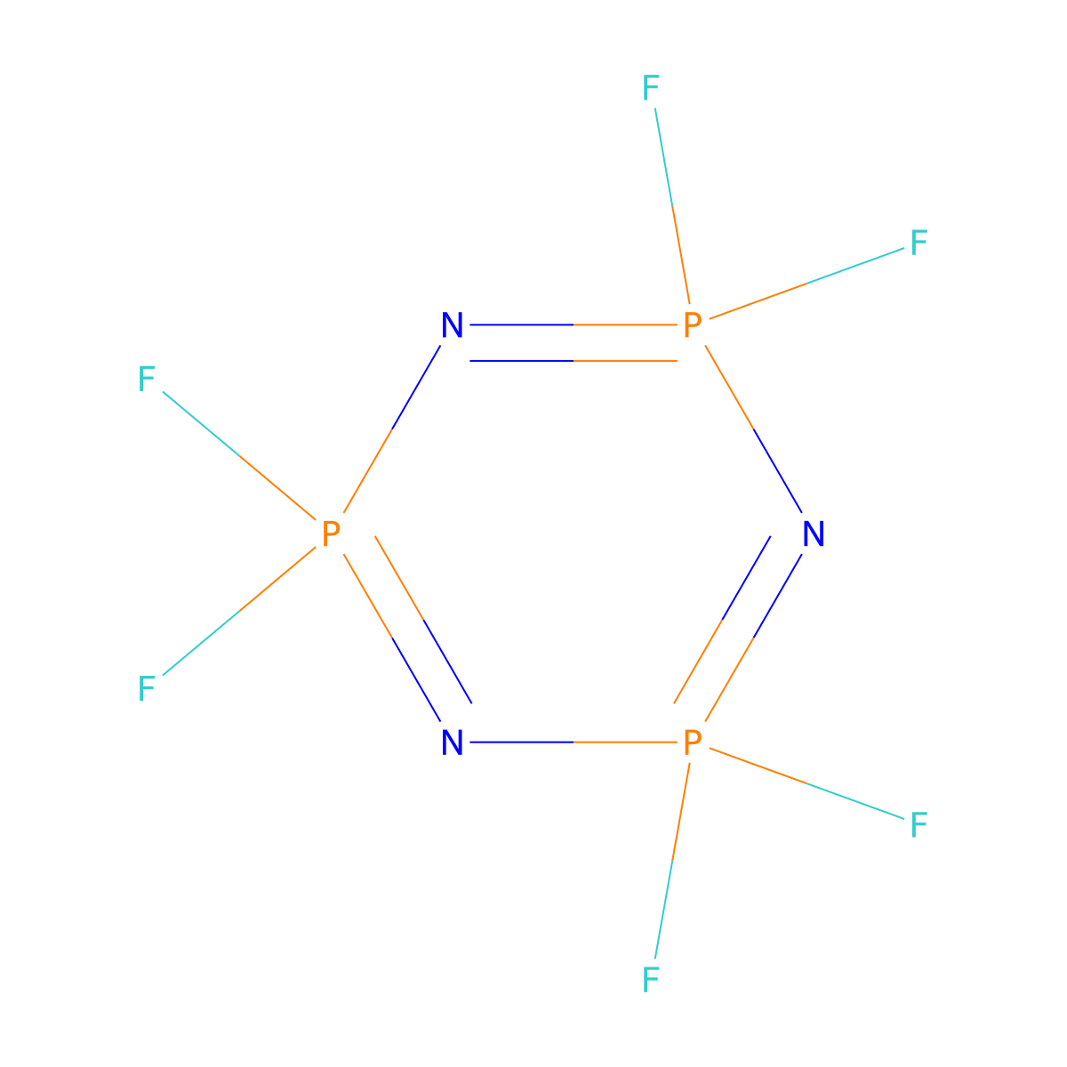 Hexafluorocyclotriphosphazene molecular structure, CAS 15599-91-4