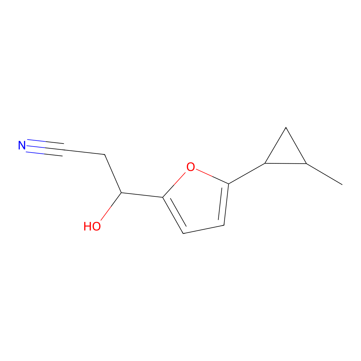 3-Hydroxy-3-[5-(2-methylcyclopropyl)furan-2-yl]propanenitrile molecular structure, CAS 1560070-68-9