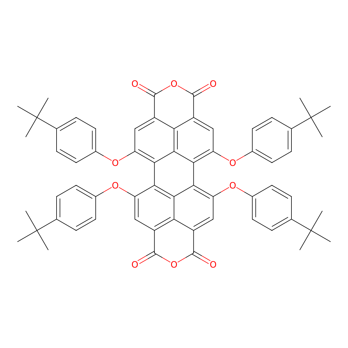 1,6,7,12-Tetra-t-butylphenoxyperylene-3,4,9,10-tetracarboxylic dianhydride, tech. molecular structure, CAS 156028-30-7