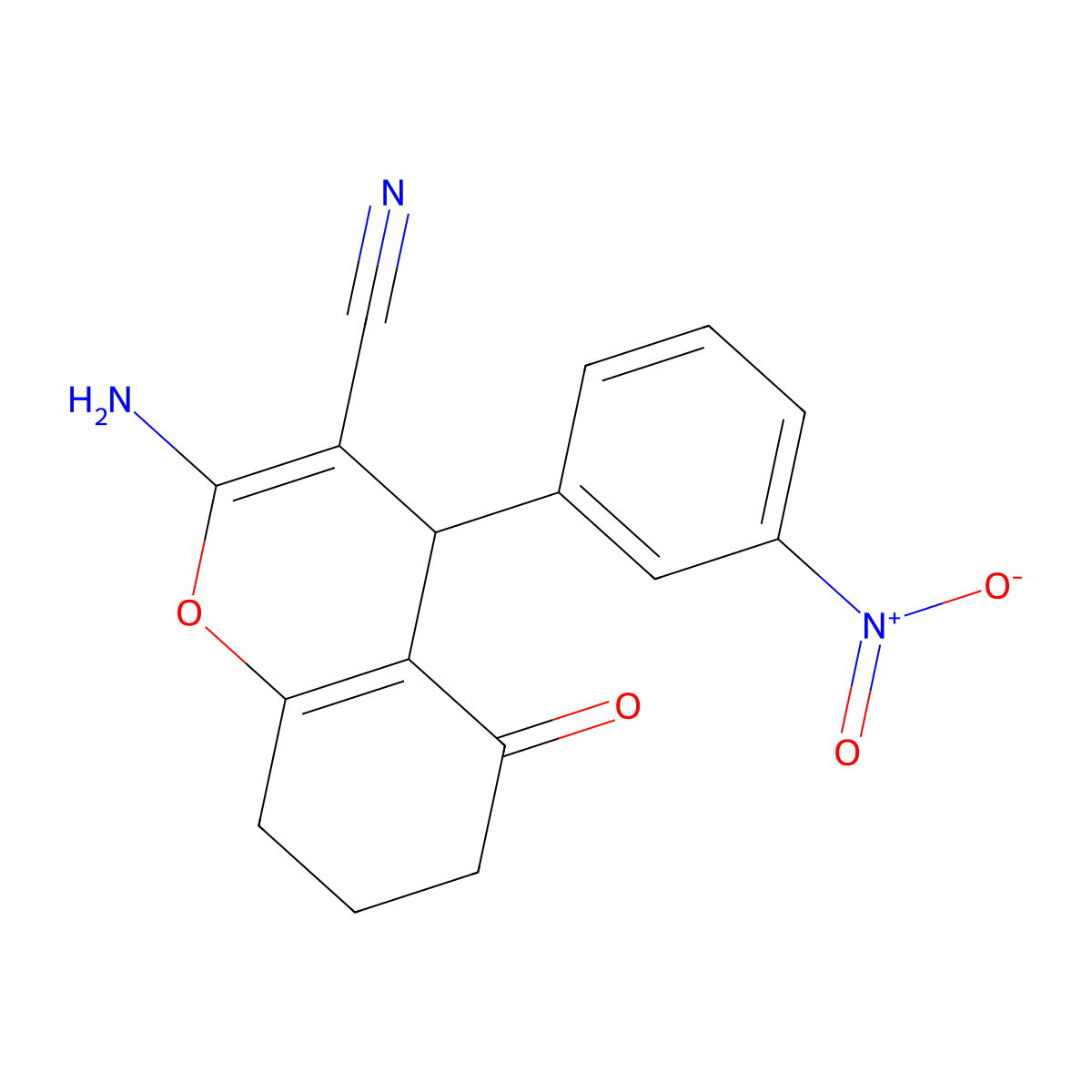 2-amino-4-(3-nitrophenyl)-5-oxo-5,6,7,8-tetrahydro-4H-chromene-3-carbonitrile molecular structure, CAS 156176-89-5