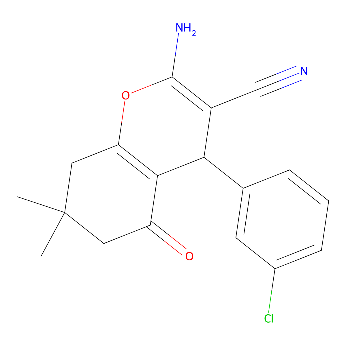 2-amino-4-(3-chlorophenyl)-7,7-dimethyl-5-oxo-5,6,7,8-tetrahydro-4H-chromene-3-carbonitrile molecular structure, CAS 156176-92-0