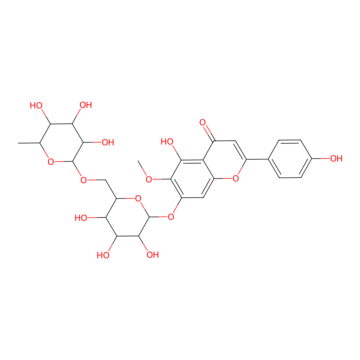 5-Hydroxy-2-(4-hydroxyphenyl)-6-methoxy-7-[3,4,5-trihydroxy-6-[(3,4,5-trihydroxy-6-methyloxan-2-yl)oxymethyl]oxan-2-yl]oxychromen-4-one molecular structure, CAS 156186-00-4