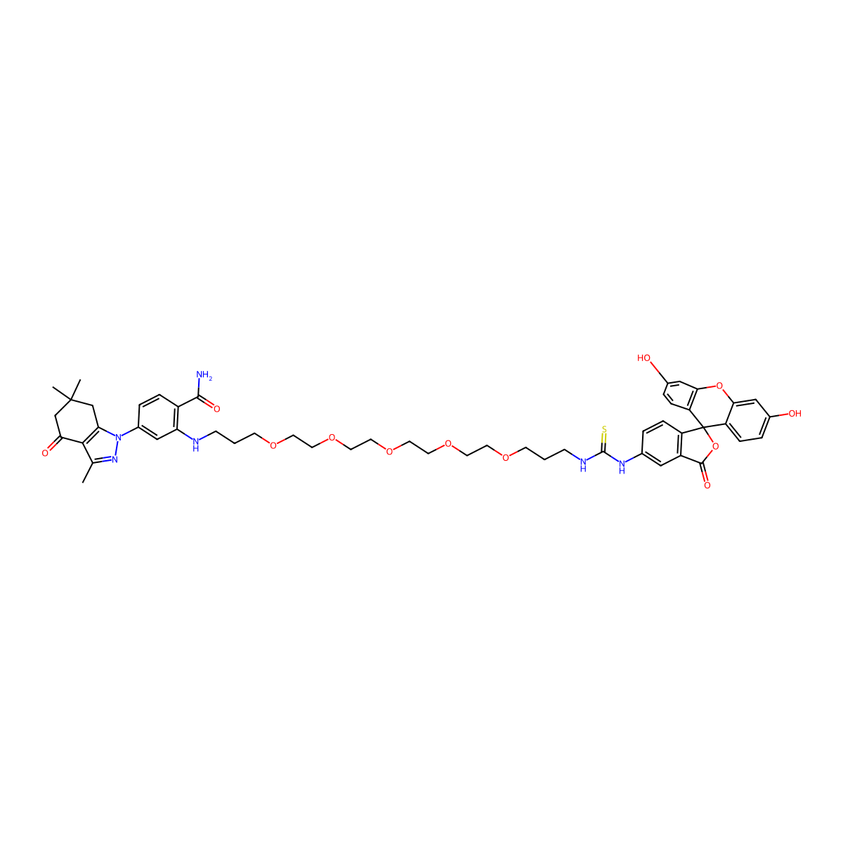 2-((1-((3',6'-Dihydroxy-3-oxo-3h-spiro[isobenzofuran-1,9'-xanthen]-5-yl)amino)-1-thioxo-6,9,12,15,18-pentaoxa-2-azahenicosan-21-yl)amino)-4-(3,6,6-trimethyl-4-oxo-4,5,6,7-tetrahydro-1h-indazol-1-yl)benzamide molecular structure, CAS 1562024-11-6