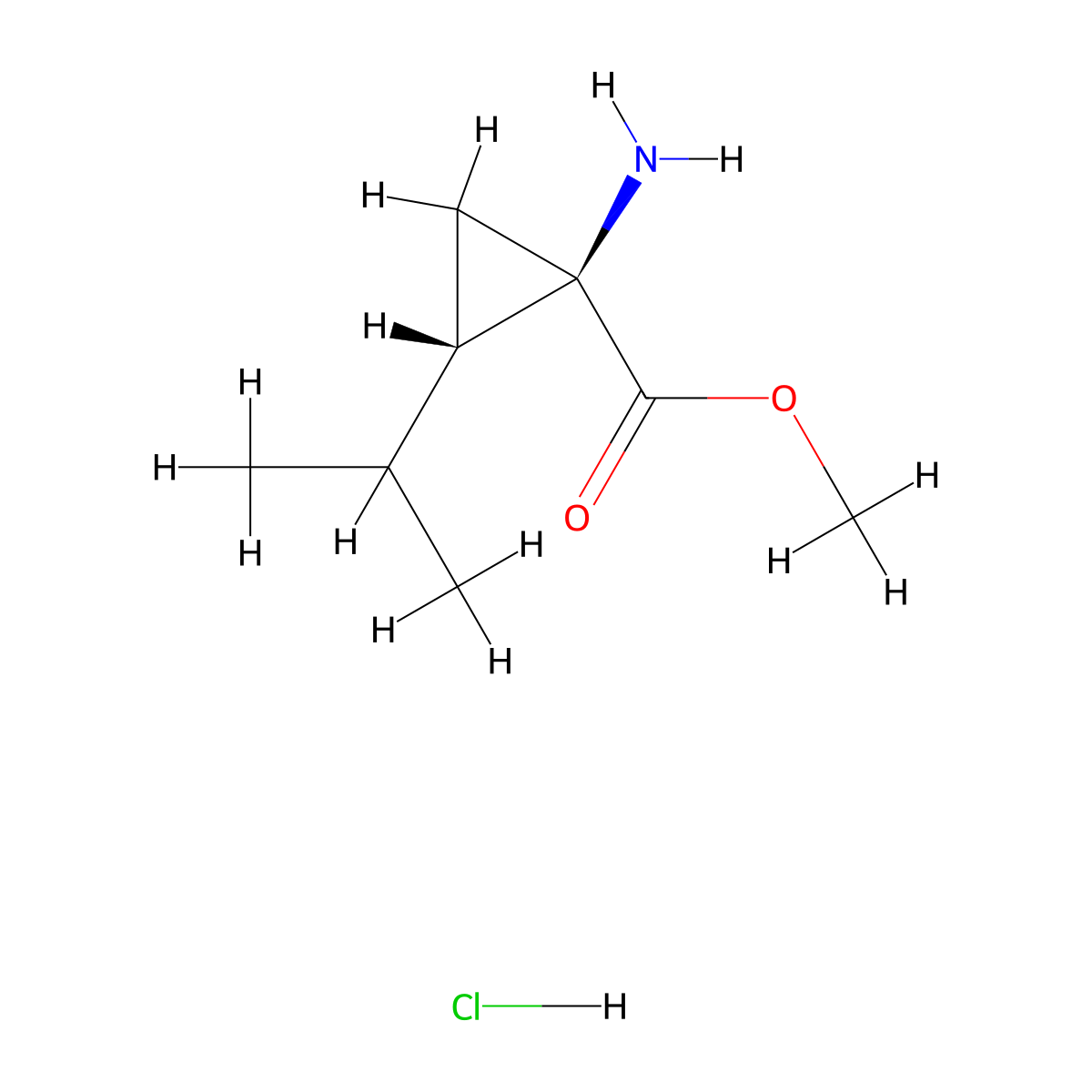 rac-methyl (1R,2S)-1-amino-2-(propan-2-yl)cyclopropane-1-carboxylate hydrochloride molecular structure, CAS 156222-64-9