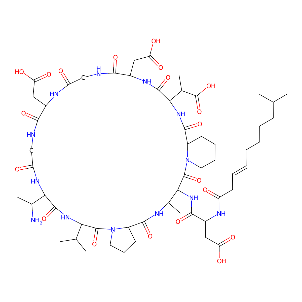 4-[[16-(1-Aminoethyl)-31-(1-carboxyethyl)-22,28-bis(carboxymethyl)-4-methyl-2,6,12,15,18,21,24,27,30,33-decaoxo-13-propan-2-yl-1,5,11,14,17,20,23,26,29,32-decazatricyclo[32.4.0.07,11]octatriacontan-3-yl]amino]-3-(9-methyldec-3-enoylamino)-4-oxobutanoic acid molecular structure, CAS 1562369-96-3