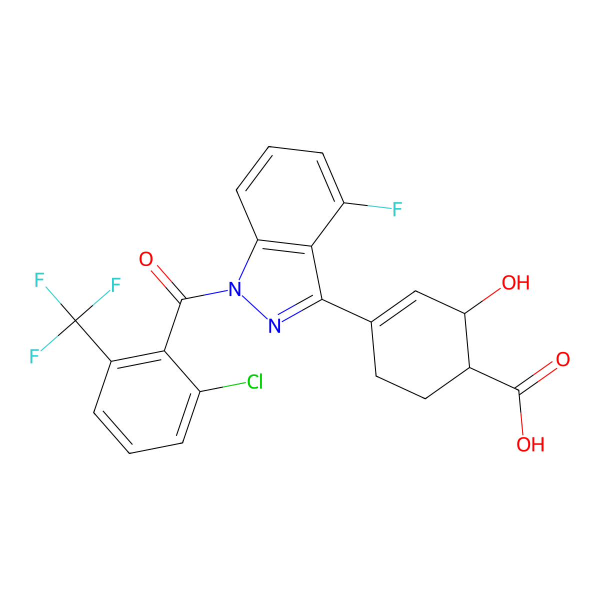(1S,2S)-4-(1-(2-chloro-6-(trifluoromethyl)benzoyl)-4-fluoro-1H-indazol-3-yl)-2-hydroxycyclohex-3-ene-1-carboxylic acid molecular structure, CAS 1562374-72-4