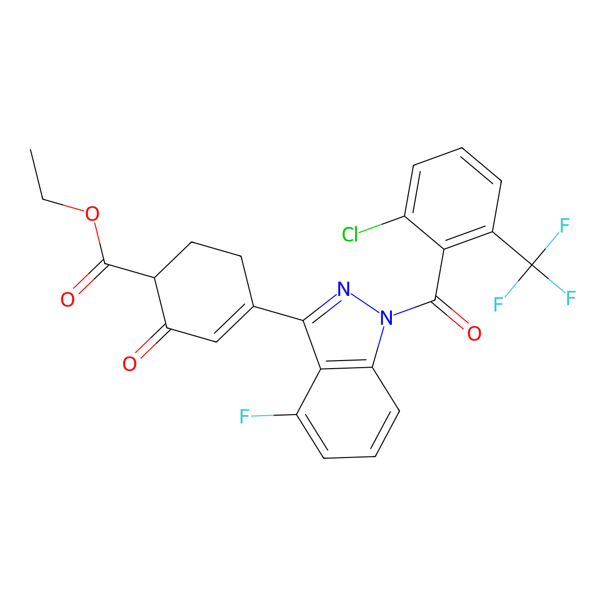 ethyl 4-(1-(2-chloro-6-(trifluoromethyl)benzoyl)-4-fluoro-1H-indazol-3-yl)-2-oxocyclohex-3-ene-1-carboxylate molecular structure, CAS 1562375-06-7