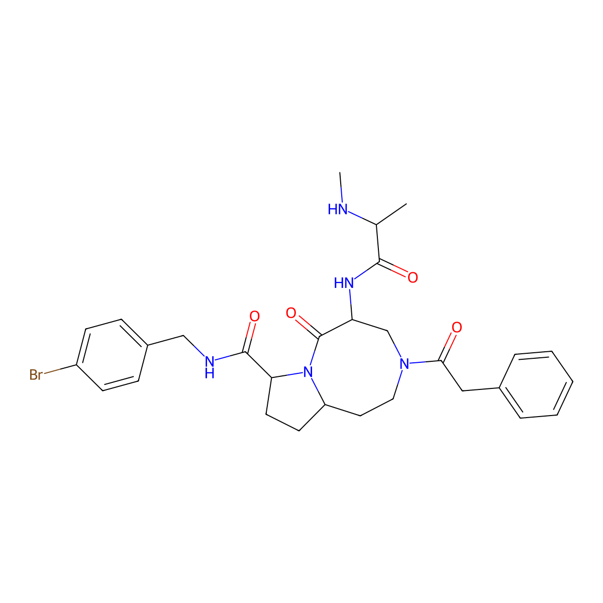 (5S,8S,10AR)-N-(4-bromobenzyl)-5-((S)-2-(methylamino)propanamido)-6-oxo-3-(2-phenylacetyl)decahydropyrrolo[1,2-a][1,5]diazocine-8-carboxamide molecular structure, CAS 1562375-46-5