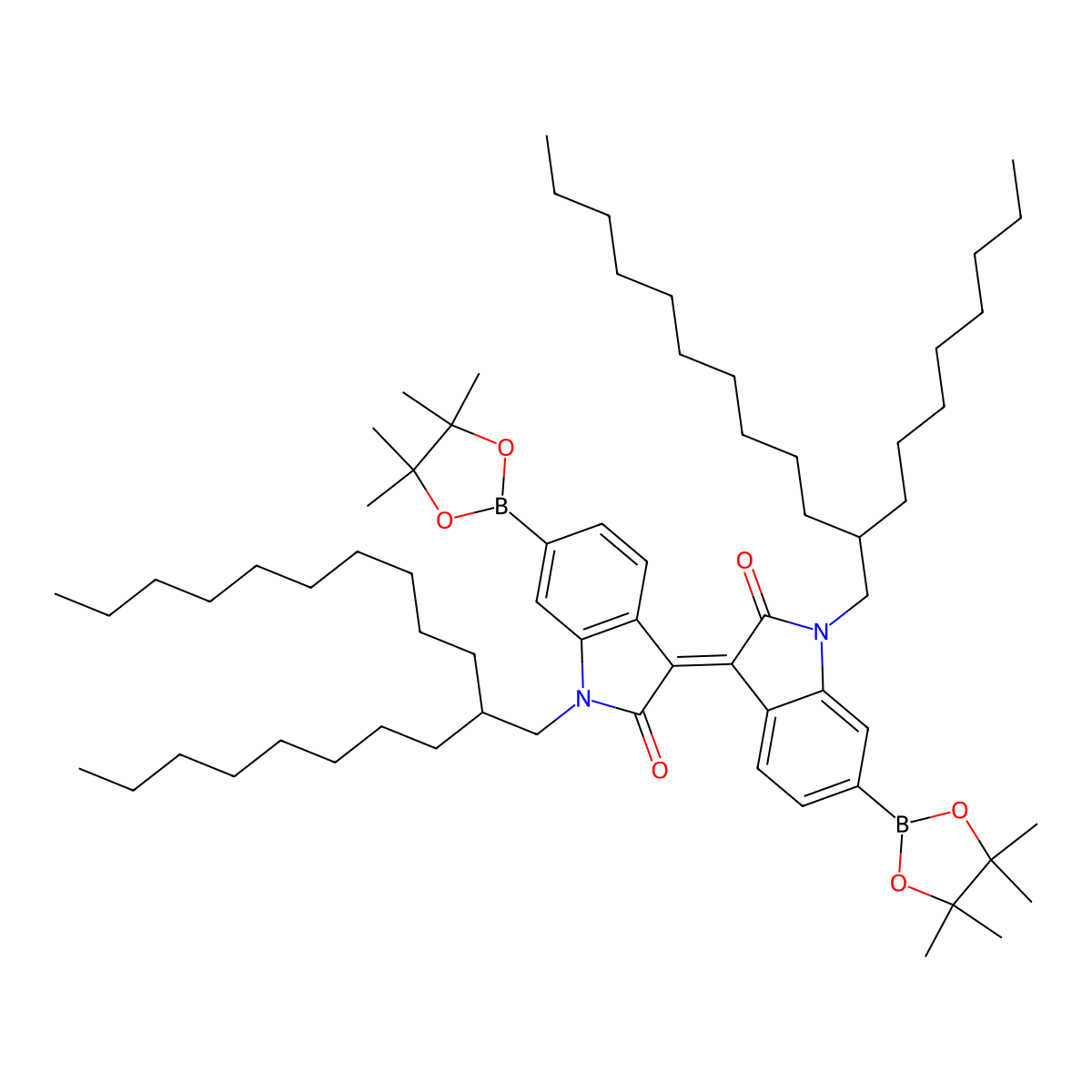 1-(2-Octyldodecyl)-3-[1-(2-octyldodecyl)-2-oxo-6-(4,4,5,5-tetramethyl-1,3,2-dioxaborolan-2-yl)indol-3-ylidene]-6-(4,4,5,5-tetramethyl-1,3,2-dioxaborolan-2-yl)indol-2-one molecular structure, CAS 1563062-80-5
