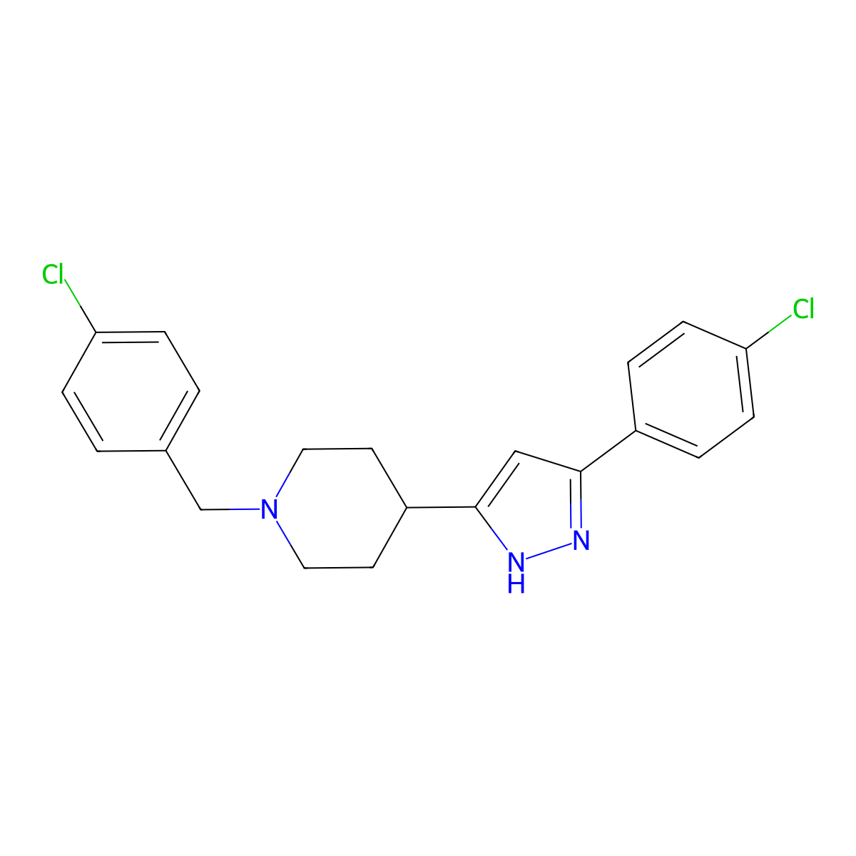 4-[5-(4-chlorophenyl)-1H-pyrazol-3-yl]-1-[(4-chlorophenyl)methyl]piperidine molecular structure, CAS 156337-47-2