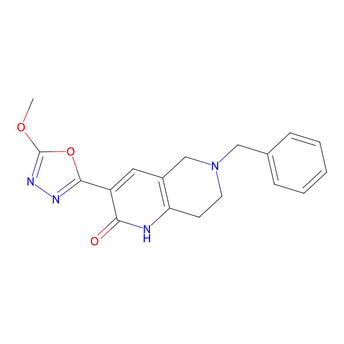 5,6,7,8-Tetrahydro-3-(5-methoxy-1,3,4-oxadiazol-2-yl)-6-(phenylmethyl)-1,6-naphthyridin-2(1H)-one molecular structure, CAS 156364-04-4