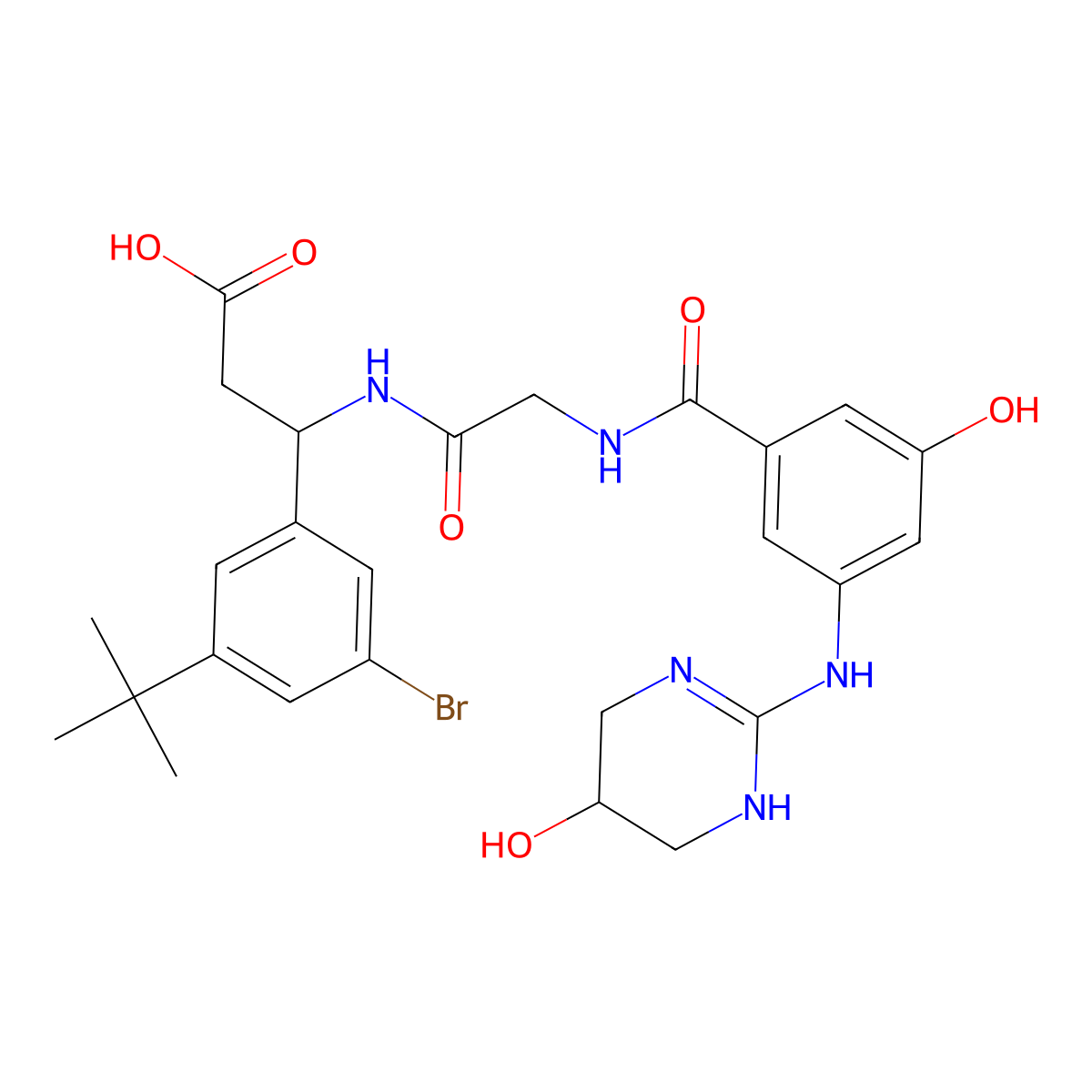 (3S)-3-(3-bromo-5-(tert-butyl)phenyl)-3-(2-(3-hydroxy-5-((5-hydroxy-1,4,5,6-tetrahydropyrimidin-2-yl)amino)benzamido)acetamido)propanoic acid molecular structure, CAS 1564286-55-0