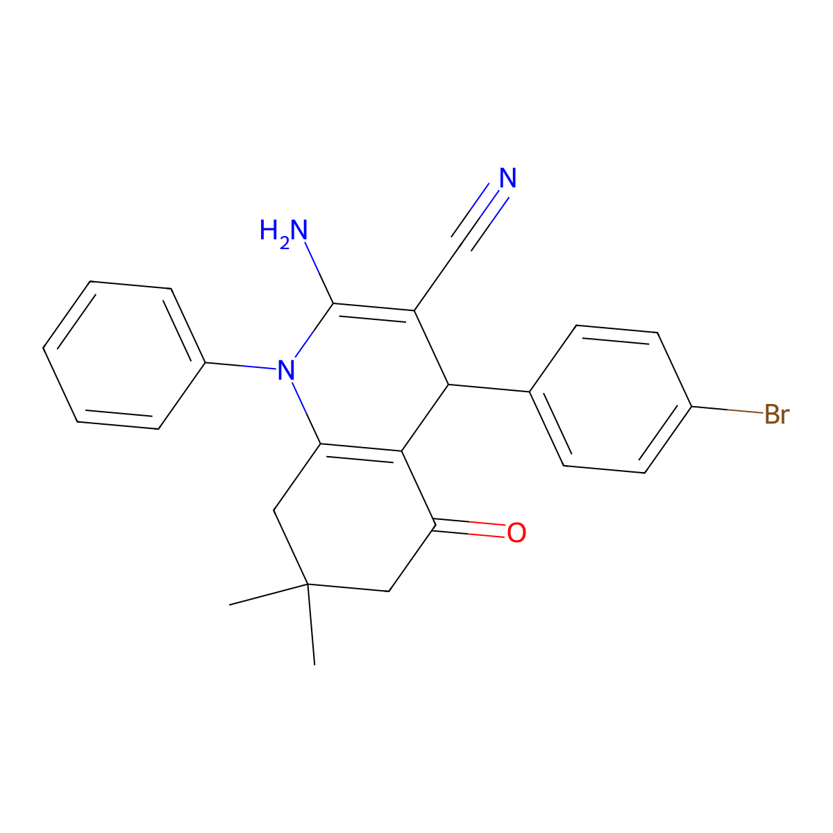 2-Amino-4-(4-bromophenyl)-7,7-dimethyl-5-oxo-1-phenyl-1,4,5,6,7,8-hexahydro-3-quinolinecarbonitrile molecular structure, CAS 156496-76-3