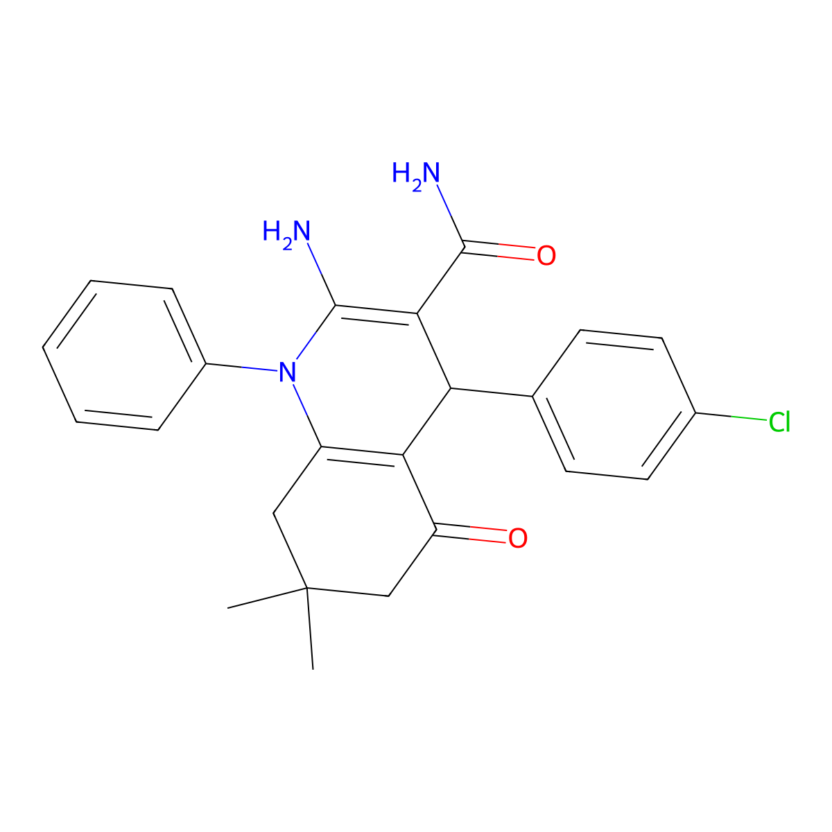 2-Amino-4-(4-chlorophenyl)-7,7-dimethyl-5-oxo-1-phenyl-1,4,5,6,7,8-hexahydro-3-quinolinecarboxamide molecular structure, CAS 156496-81-0