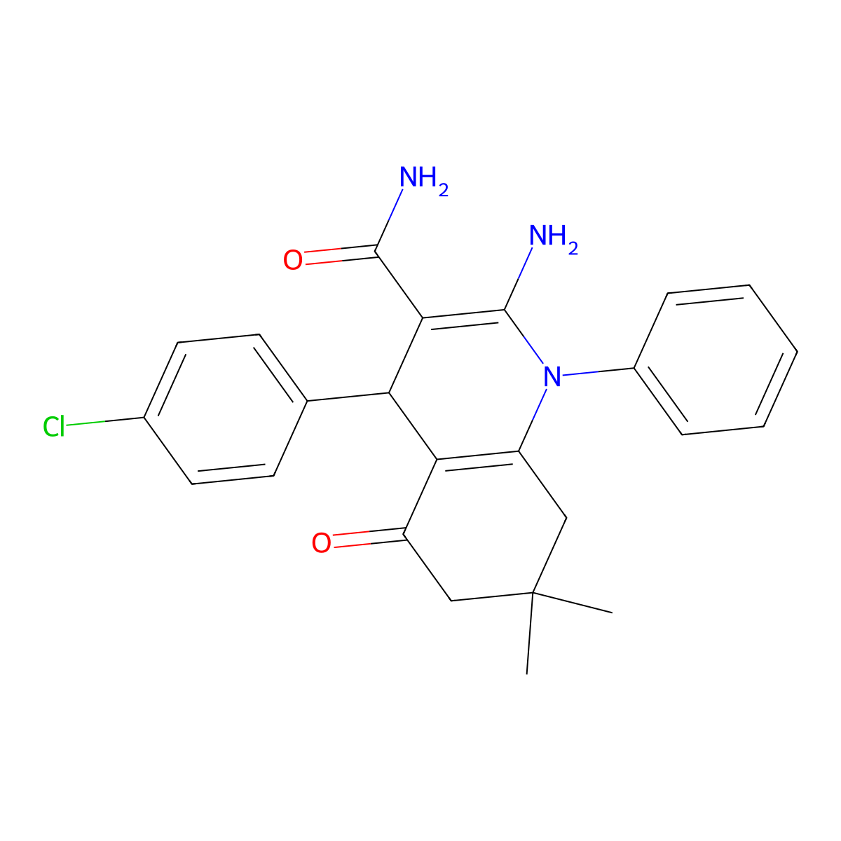 2-Amino-4-(4-chlorophenyl)-7,7-dimethyl-5-oxo-1-phenyl-1,4,5,6,7,8-hexahydro-3-quinolinecarboxamide molecular structure, CAS 156496-81-0