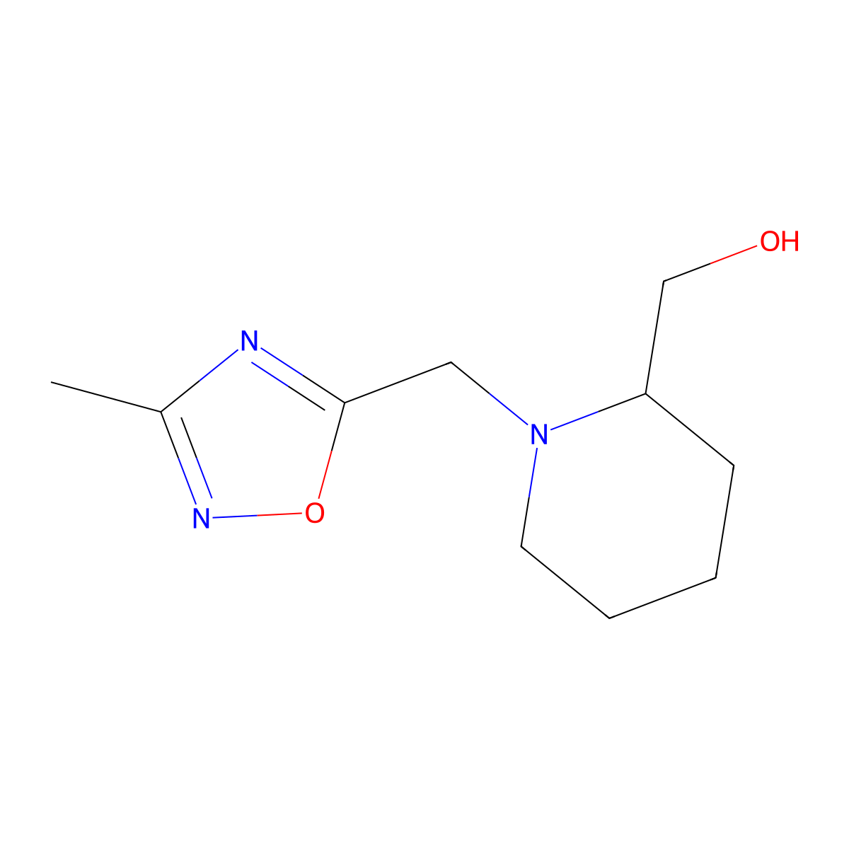 {1-[(3-Methyl-1,2,4-oxadiazol-5-yl)methyl]piperidin-2-yl}methanol molecular structure, CAS 1565566-71-3