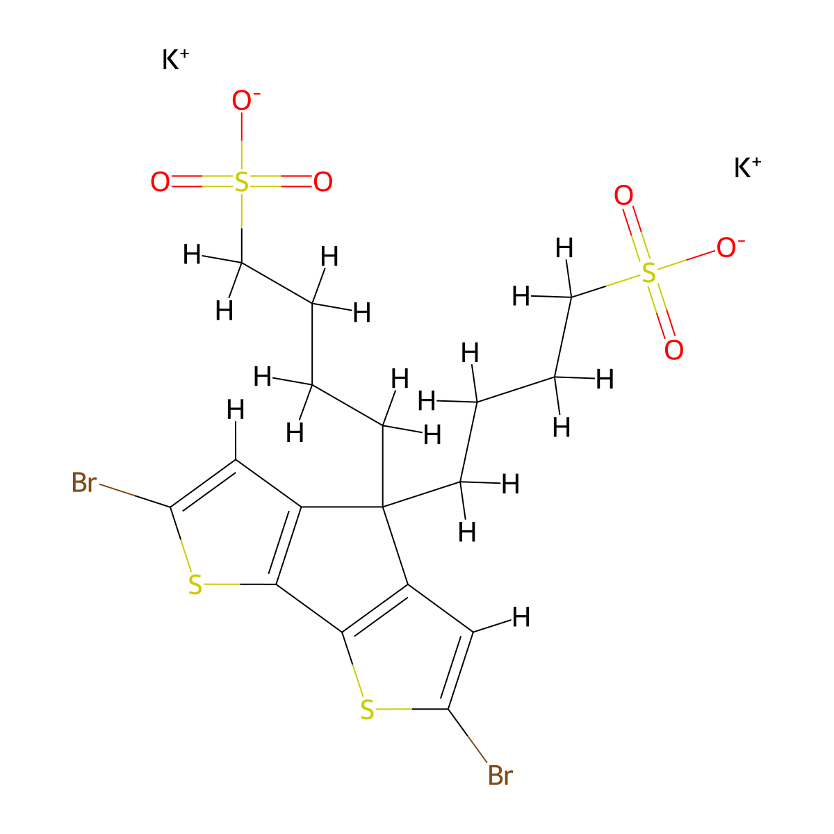 tassium 4,4'-(2,6-dibromo-4H-cyclopenta[1,2-b:5,4-b']dithiophene-4,4-diyl)bis(butane-1-sulfonate) molecular structure, CAS 1565790-29-5