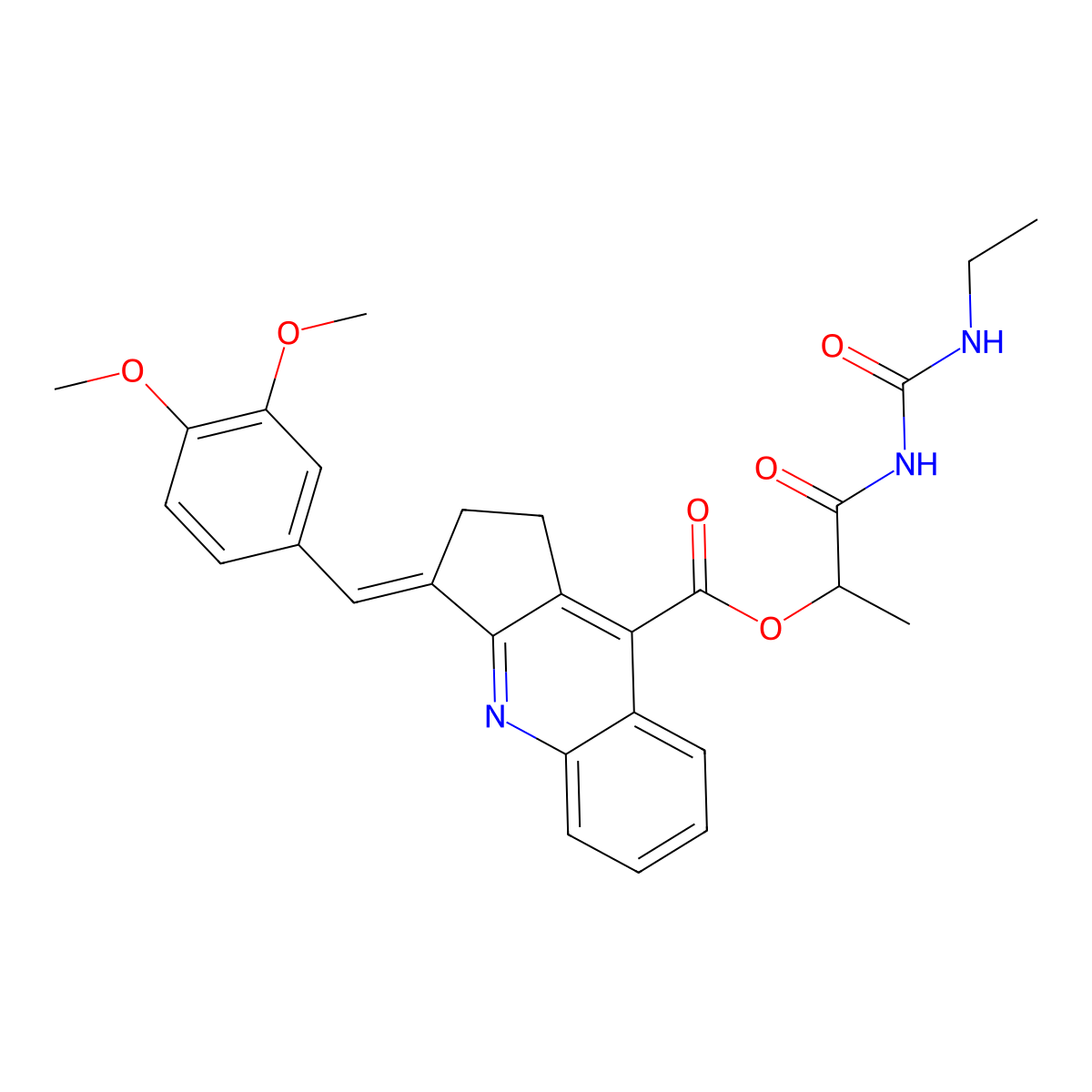 [1-(Ethylcarbamoylamino)-1-oxopropan-2-yl] 3-[(3,4-dimethoxyphenyl)methylidene]-1,2-dihydrocyclopenta[b]quinoline-9-carboxylate molecular structure, CAS 1565845-92-2