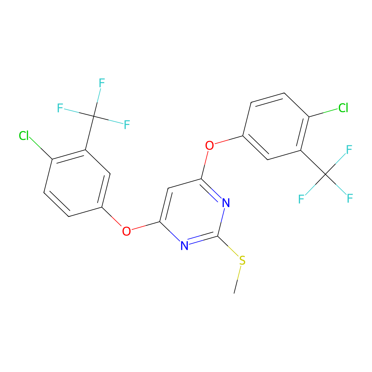 4,6-Bis[4-chloro-3-(trifluoromethyl)phenoxy]-2-(methylsulfanyl)pyrimidine molecular structure, CAS 156592-07-3