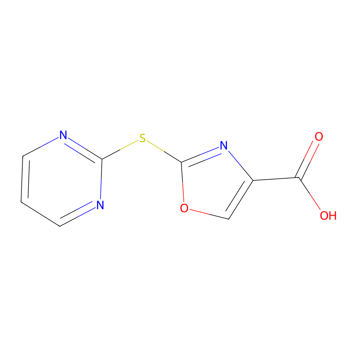 2-(Pyrimidin-2-ylsulfanyl)-1,3-oxazole-4-carboxylic acid molecular structure, CAS 1566207-10-0
