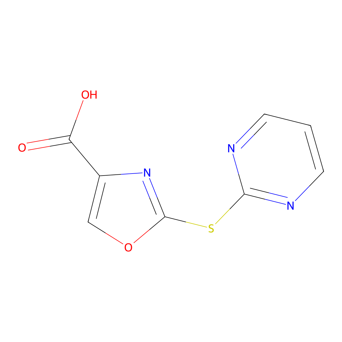 2-(Pyrimidin-2-ylsulfanyl)-1,3-oxazole-4-carboxylic acid molecular structure, CAS 1566207-10-0
