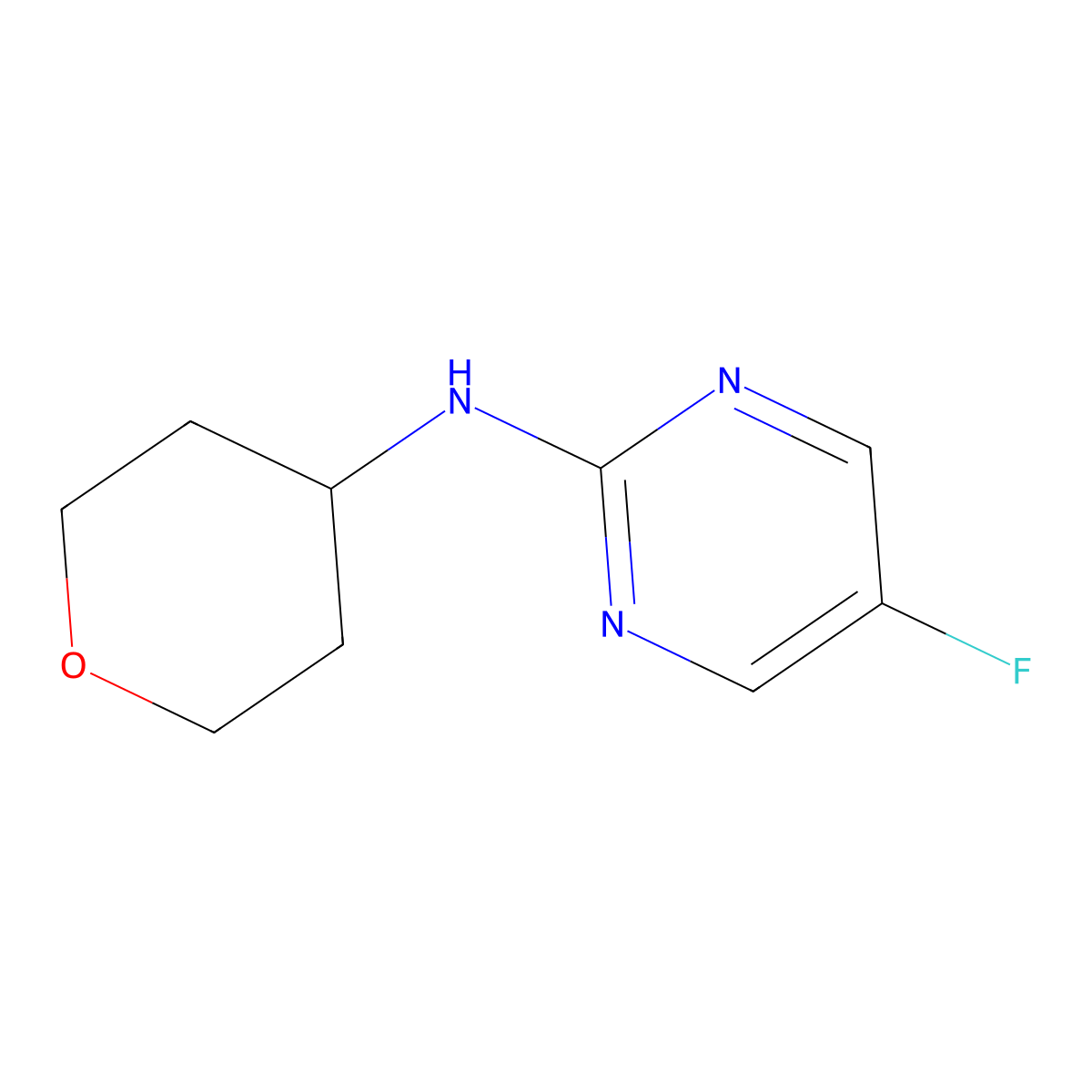 5-fluoro-N-(oxan-4-yl)pyrimidin-2-amine molecular structure, CAS 1566327-80-7