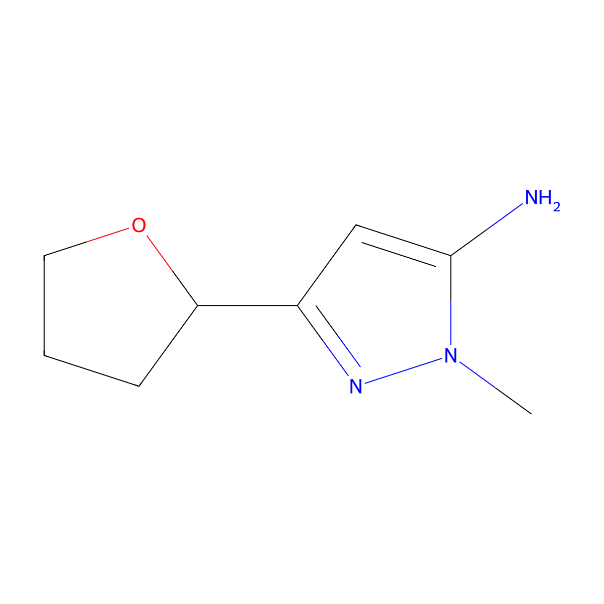 1-methyl-3-(oxolan-2-yl)-1H-pyrazol-5-amine molecular structure, CAS 1567127-44-9