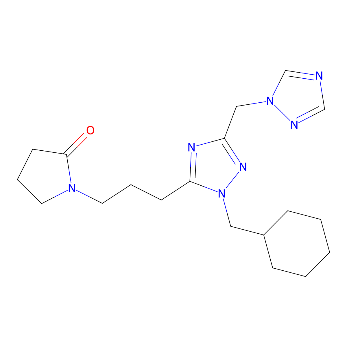 1-{3-[1-(cyclohexylmethyl)-3-(1H-1,2,4-triazol-1-ylmethyl)-1H-1,2,4-triazol-5-yl]propyl}pyrrolidin-2-one molecular structure, CAS 1567294-25-0