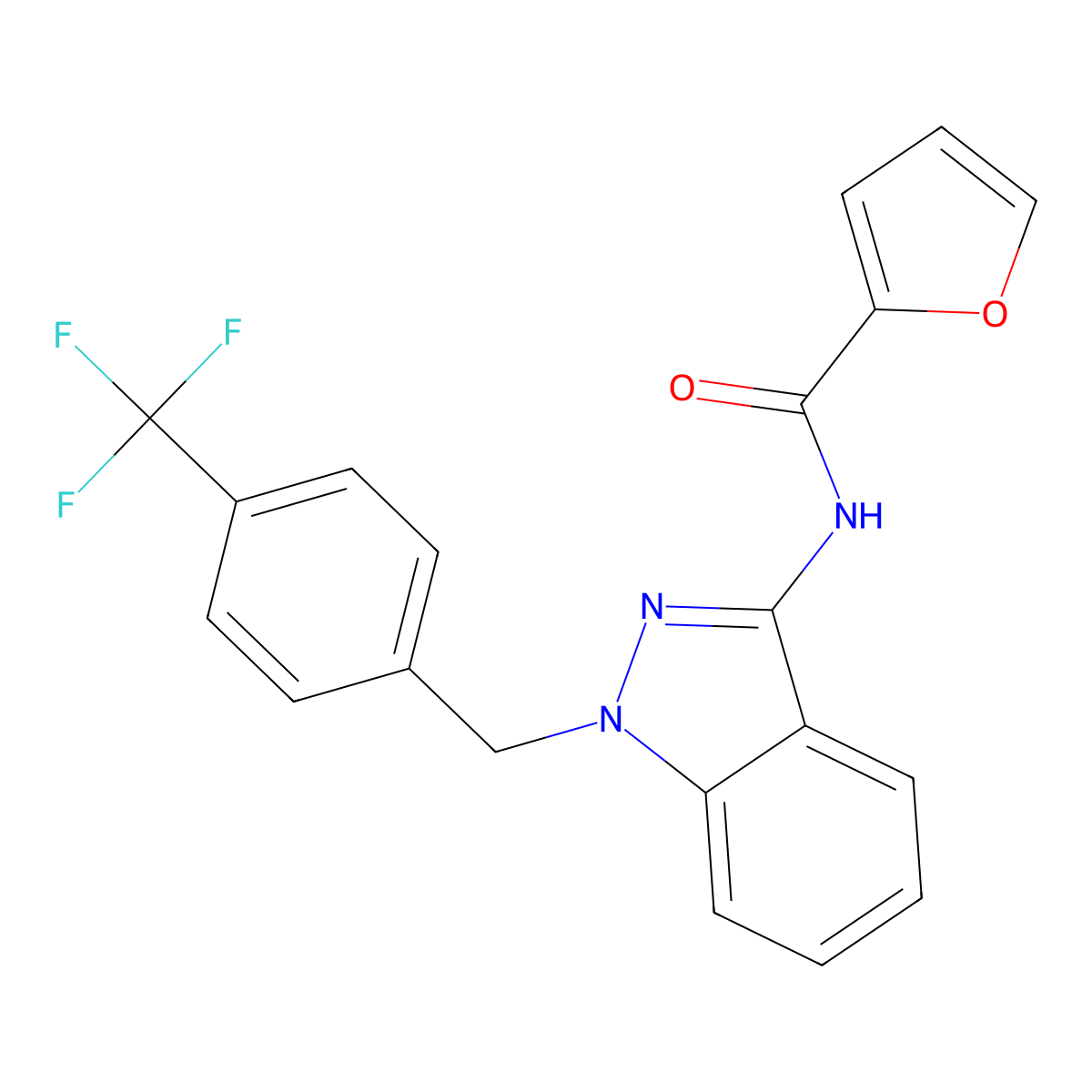 N-(1-((4-(trifluoromethyl)phenyl)methyl)-1H-indazol-3-yl)furan-2-carboxamide molecular structure, CAS 1569076-11-4