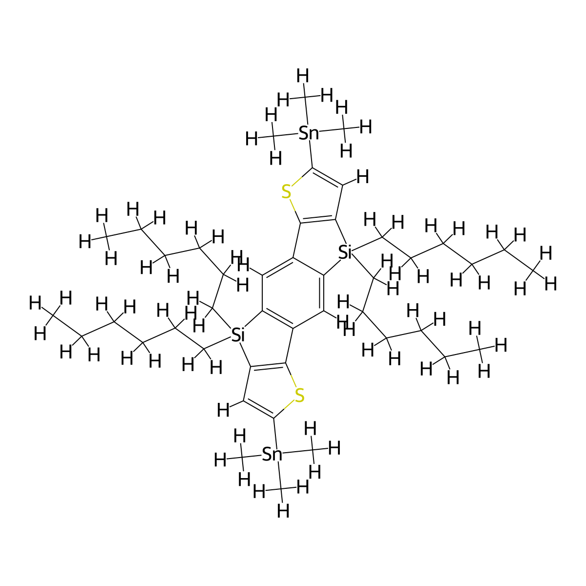 Benzo[1'',2'':4,5;4'',5'':4',5']bissilolo[3,2-b:3',2'-b']dithiophene, 4,4,9,9-tetrahexyl-4,9-dihydro-2,7-bis(trimethylstannyl)- molecular structure, CAS 1569453-45-7