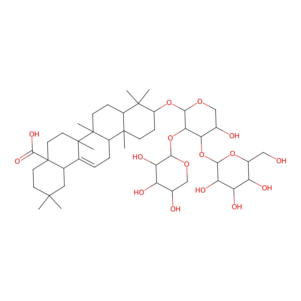 (3beta)-3-((O-beta-D-Glucopyranosyl-(1->3)-O-(beta-D-xylopyranosyl-(1->2))-alpha-L-arabinopyranosyl)oxy)olean-12-en-28-oic acid molecular structure, CAS 156980-30-2