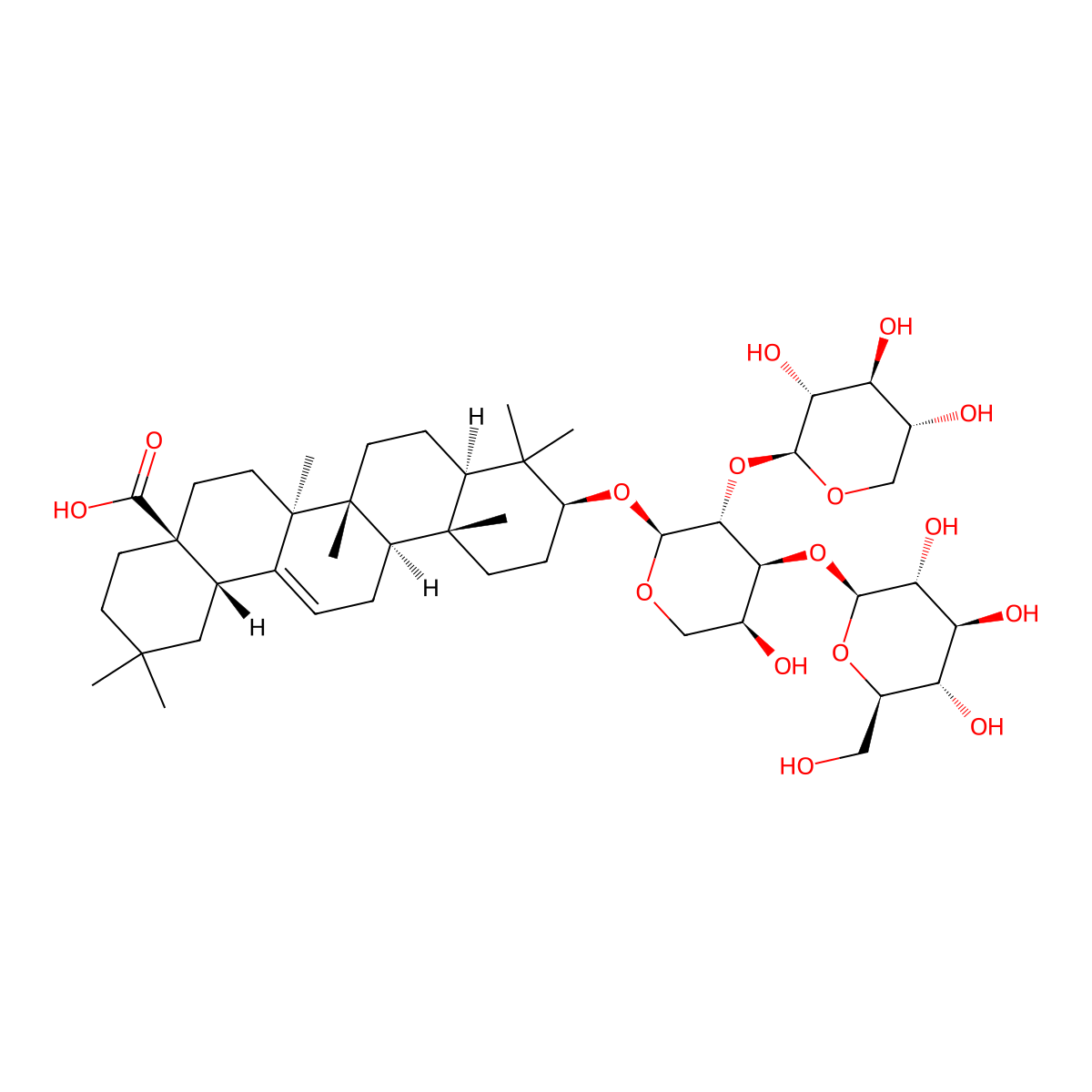 (3beta)-3-((O-beta-D-Glucopyranosyl-(1->3)-O-(beta-D-xylopyranosyl-(1->2))-alpha-L-arabinopyranosyl)oxy)olean-12-en-28-oic acid molecular structure, CAS 156980-30-2
