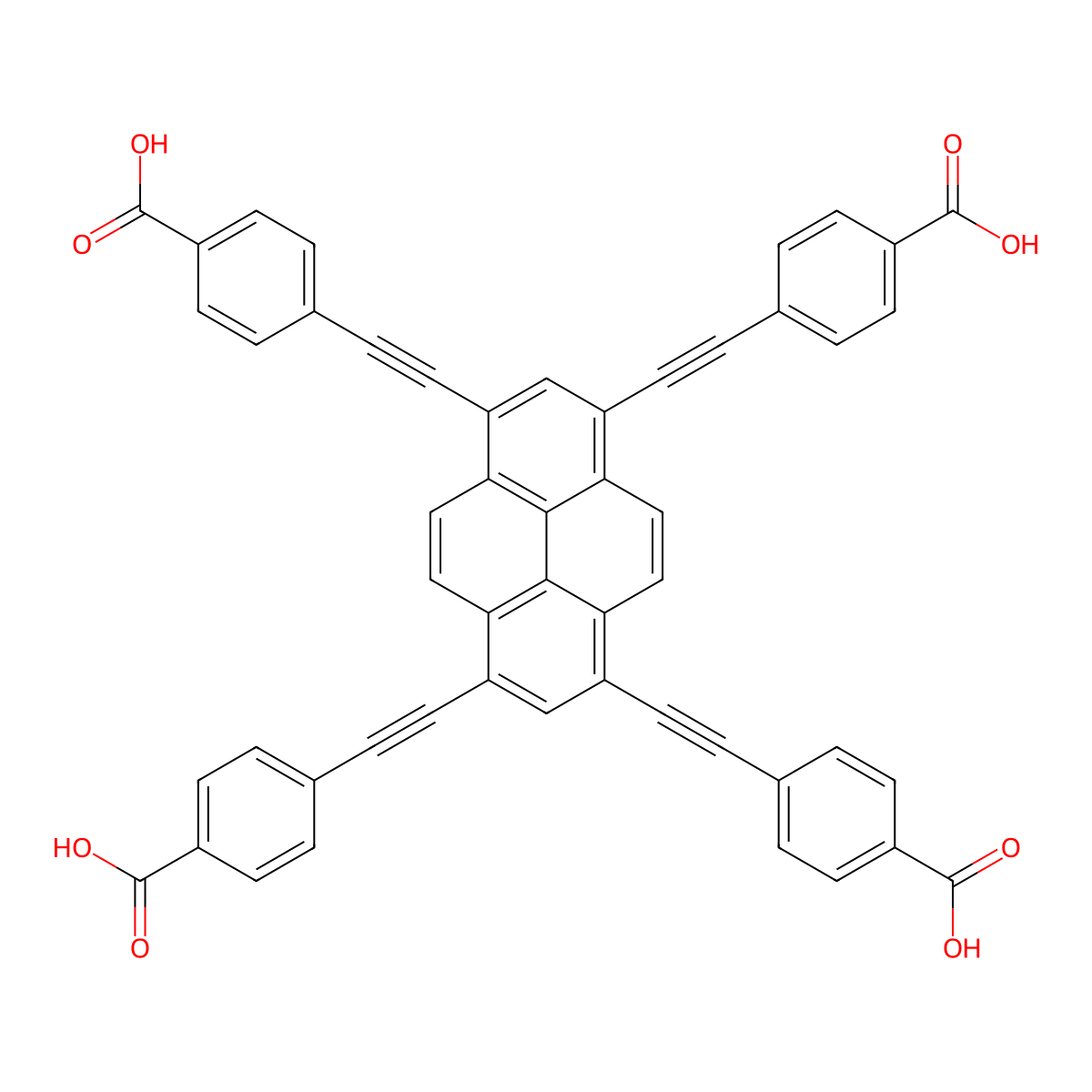 4,4',4'',4'''-(Pyrene-1,3,6,8-tetrayltetrakis(ethyne-2,1-diyl))tetrabenzoic acid molecular structure, CAS 1569900-71-5