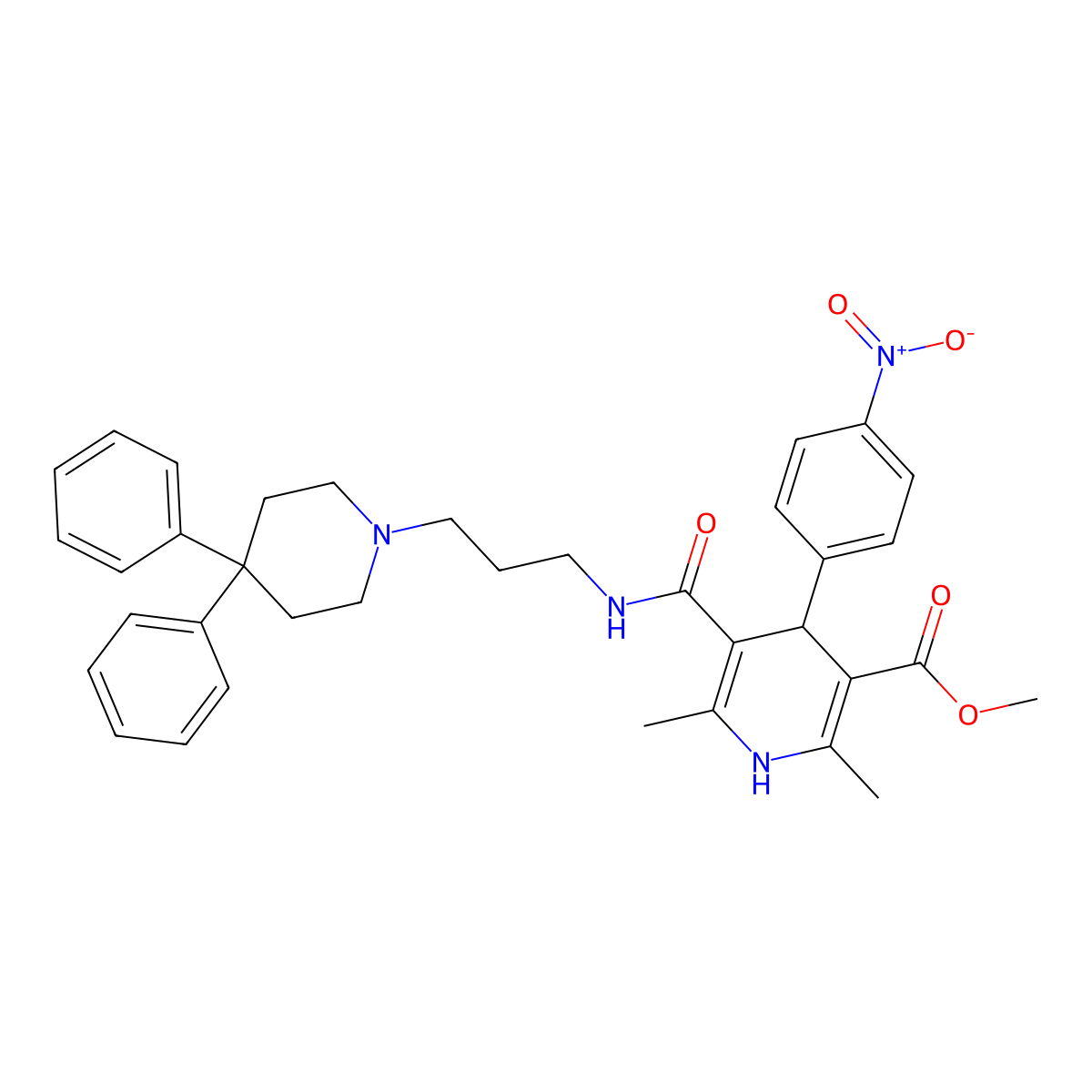 3-Pyridinecarboxylic acid, 5-[[[3-(4,4-diphenyl-1-piperidinyl)propyl]amino]carbonyl]-1,4-dihydro-2,6-dimethyl-4-(4-nitrophenyl)-, methyl ester molecular structure, CAS 157066-76-7