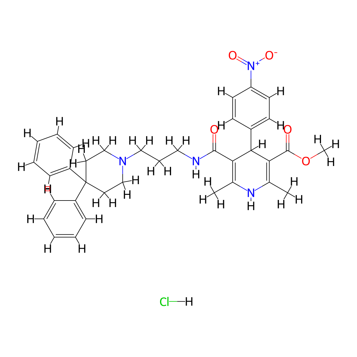 5-[[[3-(4,4-Diphenyl-1-piperidinyl)propyl]amino]carbonyl]-1,4-dihydro-2,6-dimethyl-4-(4-nitrophenyl)-3-pyridinecarboxylic acid methyl ester hydrochloride molecular structure, CAS 157066-77-8