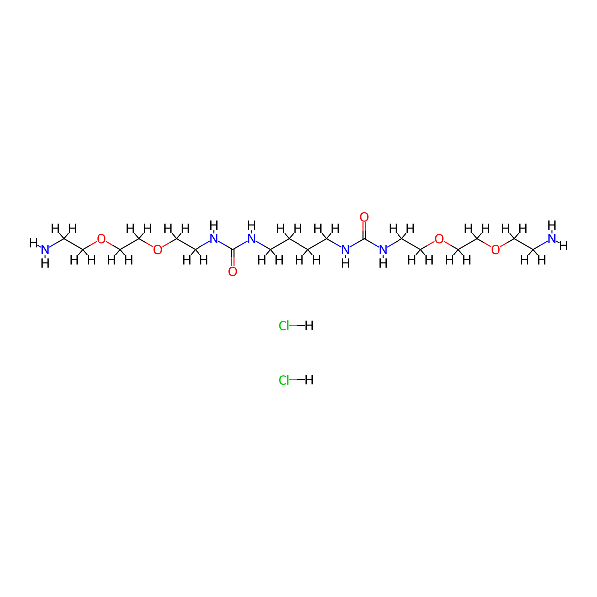1,1'-(Butane-1,4-diyl)bis(3-(2-(2-(2-aminoethoxy)ethoxy)ethyl)urea) dihydrochloride molecular structure, CAS 1571103-88-2