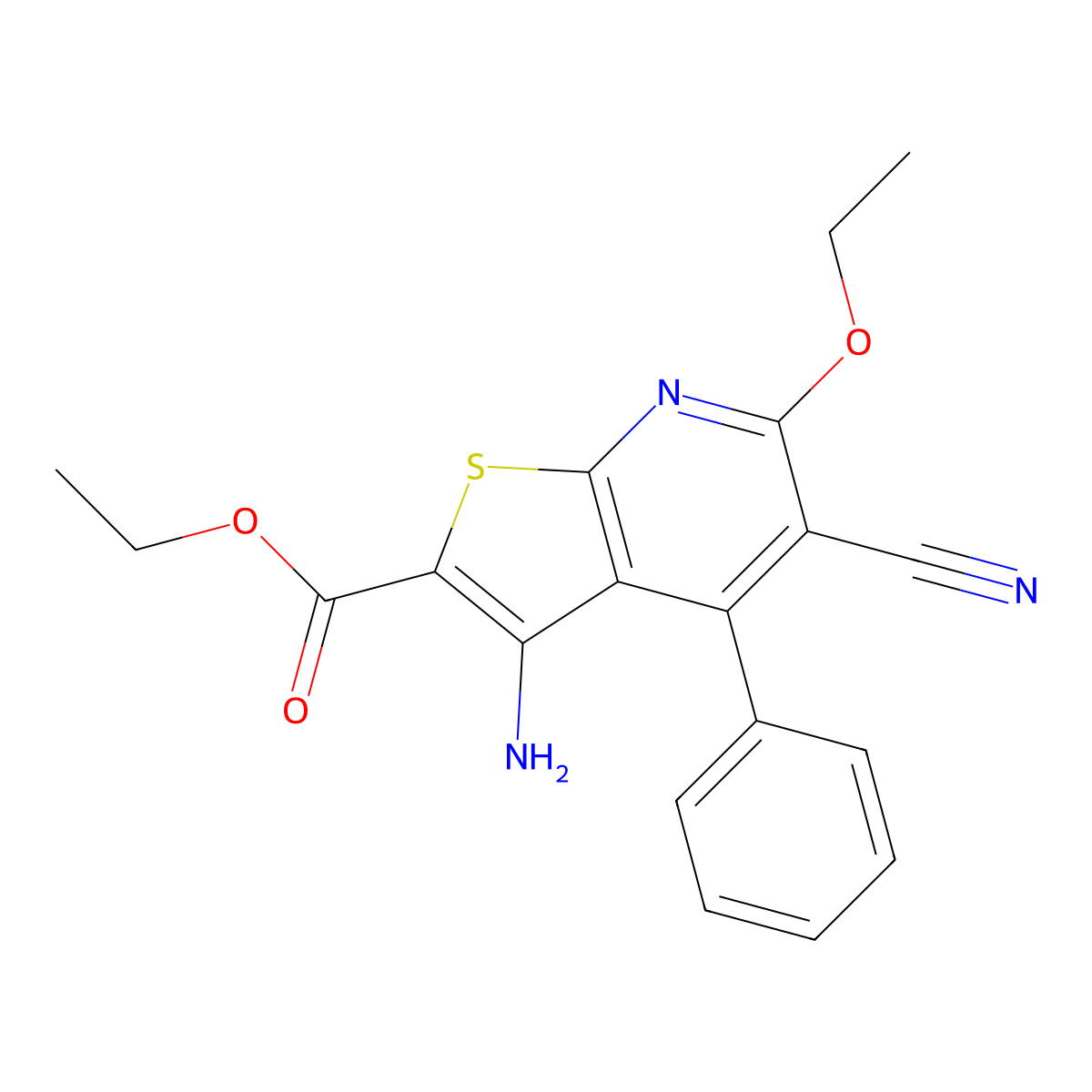 Ethyl 3-amino-5-cyano-6-ethoxy-4-phenylthieno[2,3-b]pyridine-2-carboxylate molecular structure, CAS 157139-72-5
