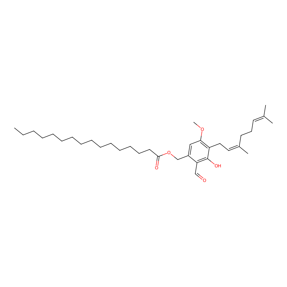 (4-((2E)-3,7-Dimethyl-2,6-octadien-1-yl)-2-formyl-3-hydroxy-5-methoxyphenyl)methyl hexadecanoate molecular structure, CAS 157207-54-0