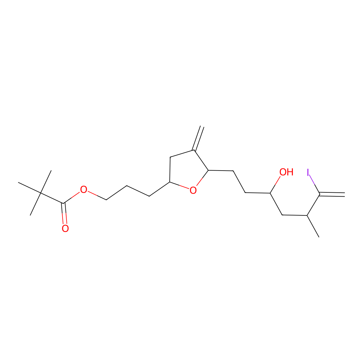 3-[(2S,5S)-5-[(3R,5R)-3-hydroxy-6-iodo-5-methylhept-6-enyl]-4-methylideneoxolan-2-yl]propyl 2,2-dimethylpropanoate molecular structure, CAS 157322-47-9