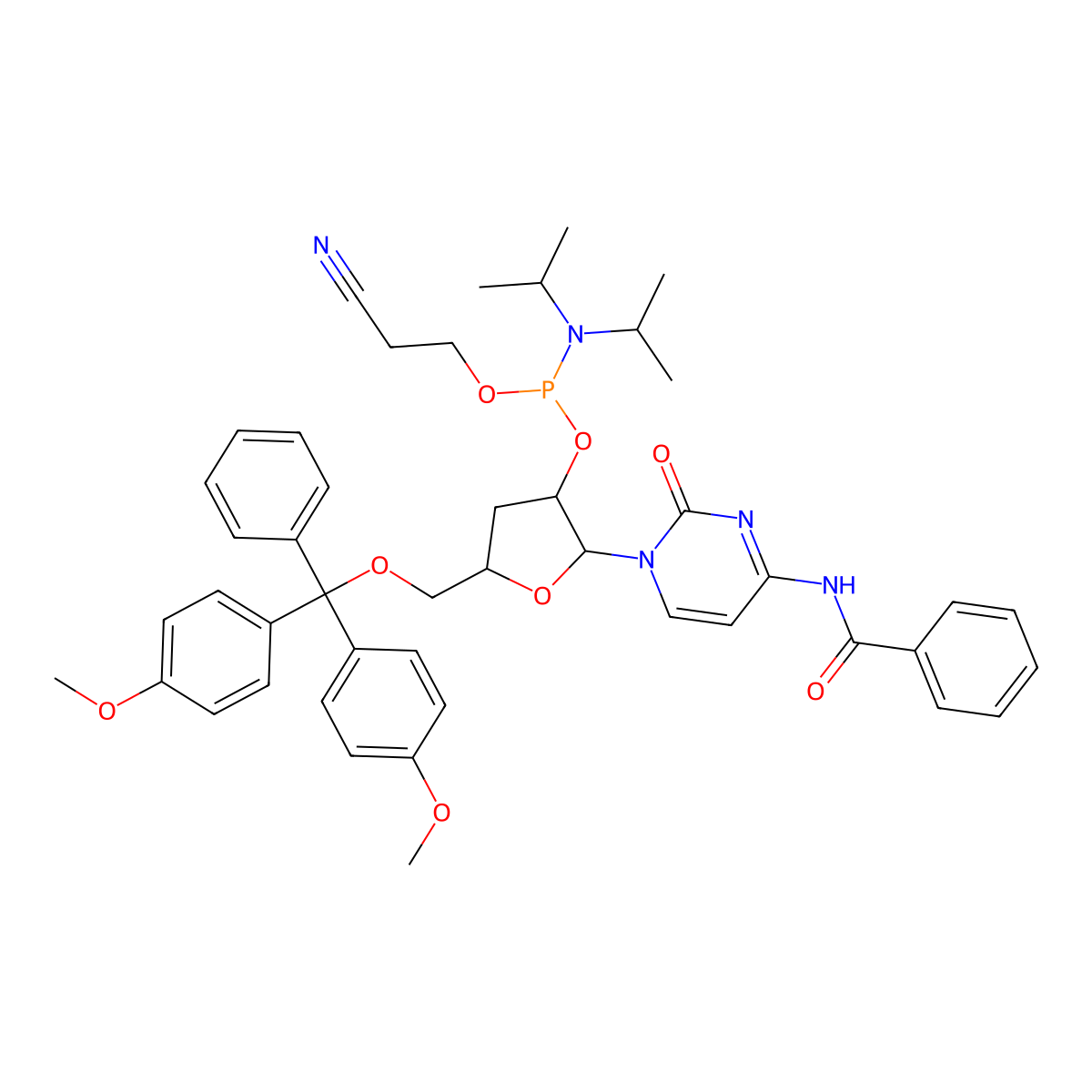 N-[1-[(2R,3R,5S)-5-[[Bis(4-methoxyphenyl)-phenylmethoxy]methyl]-3-[2-cyanoethoxy-[di(propan-2-yl)amino]phosphanyl]oxyoxolan-2-yl]-2-oxopyrimidin-4-yl]benzamide molecular structure, CAS 157327-96-3
