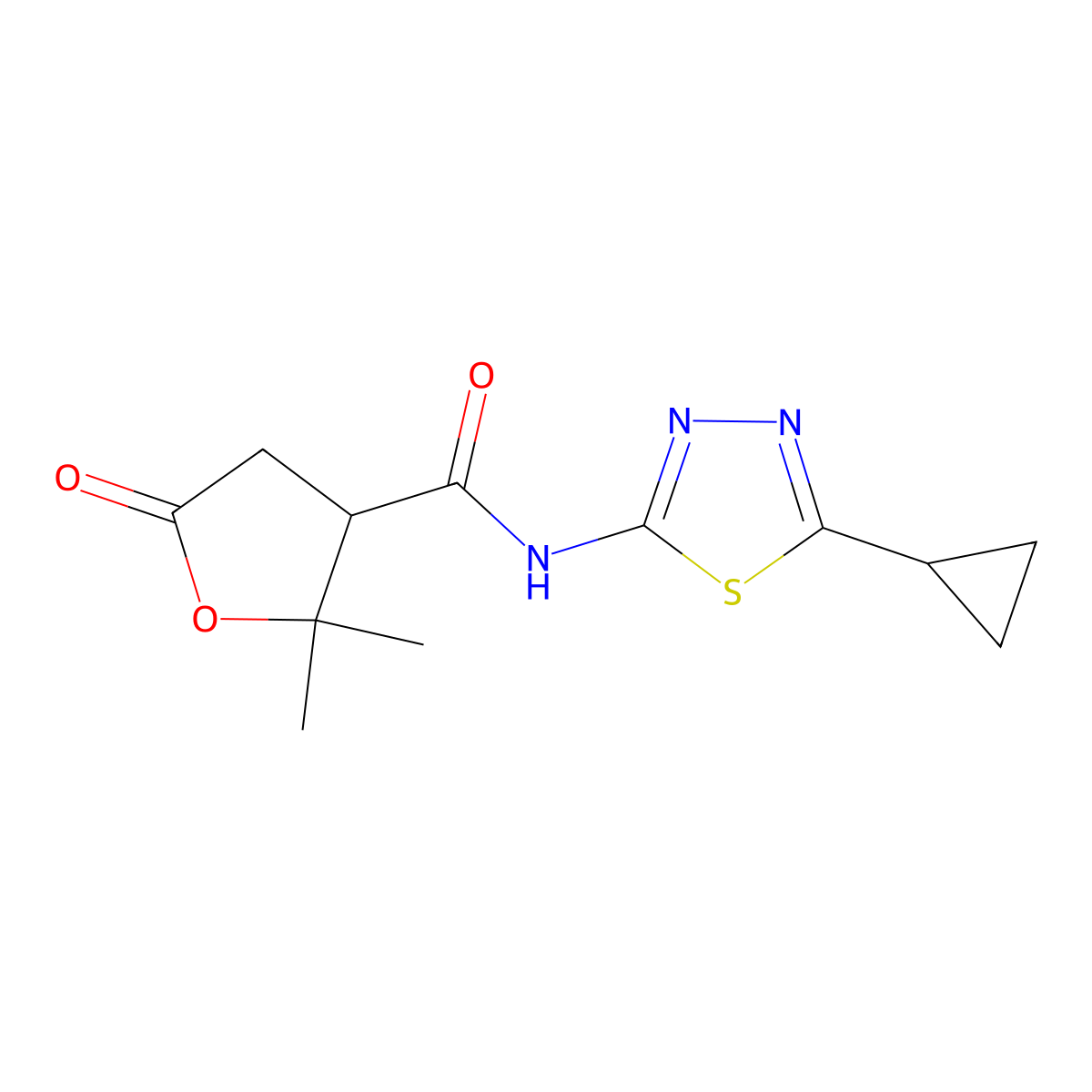 N-(5-cyclopropyl-1,3,4-thiadiazol-2-yl)-2,2-dimethyl-5-oxotetrahydrofuran-3-carboxamide molecular structure, CAS 1574252-10-0