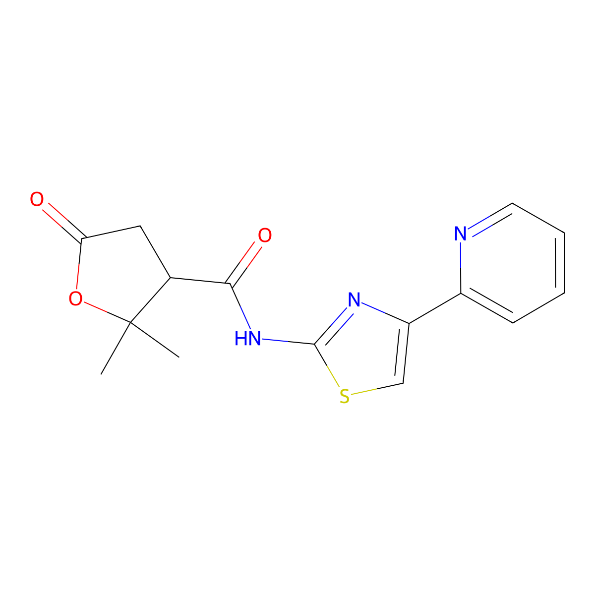 2,2-dimethyl-5-oxo-N-(4-(pyridin-2-yl)thiazol-2-yl)tetrahydrofuran-3-carboxamide molecular structure, CAS 1574252-14-4