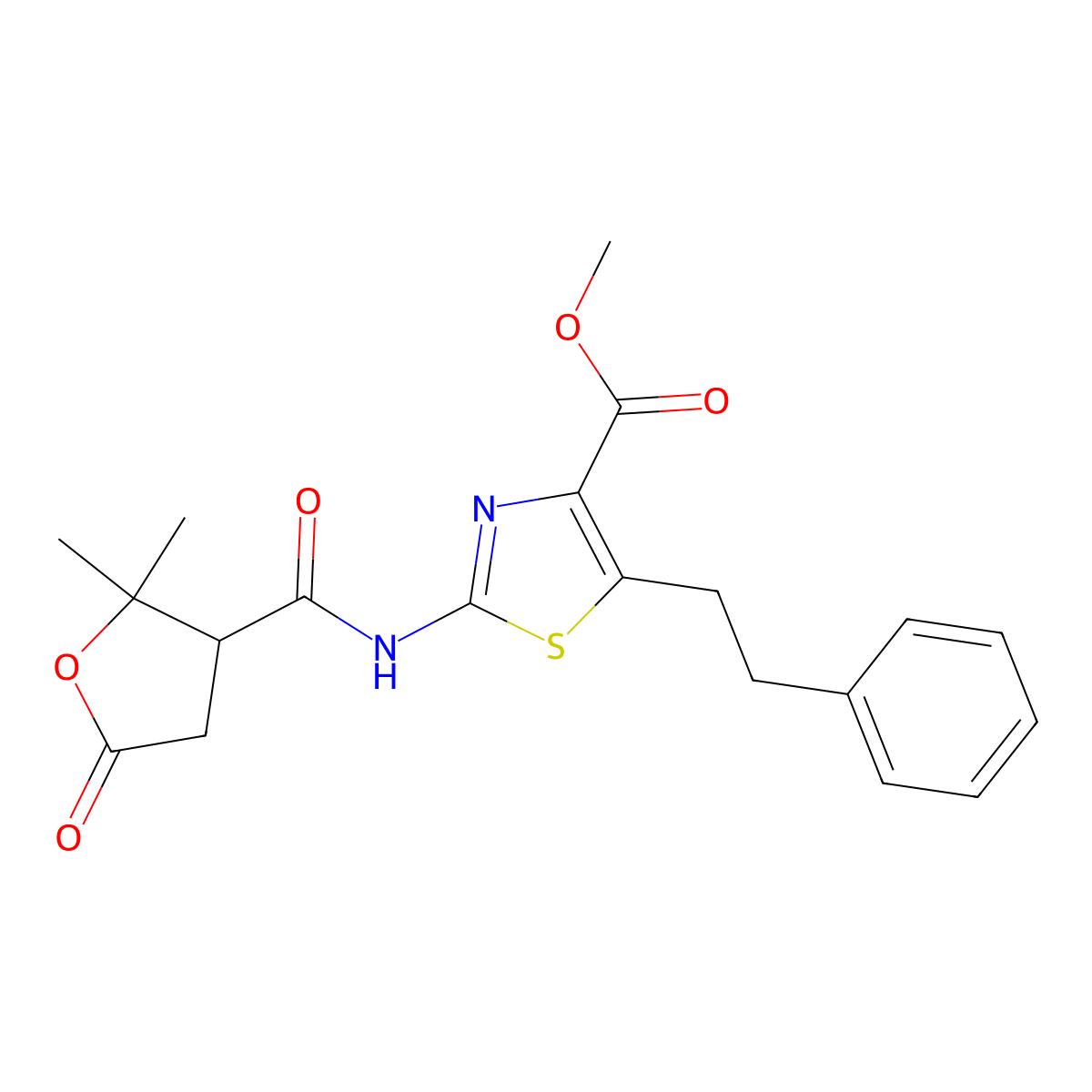 Methyl 2-{[(2,2-dimethyl-5-oxotetrahydro-3-furanyl)carbonyl]amino}-5-phenethyl-1,3-thiazole-4-carboxylate molecular structure, CAS 1574252-23-5