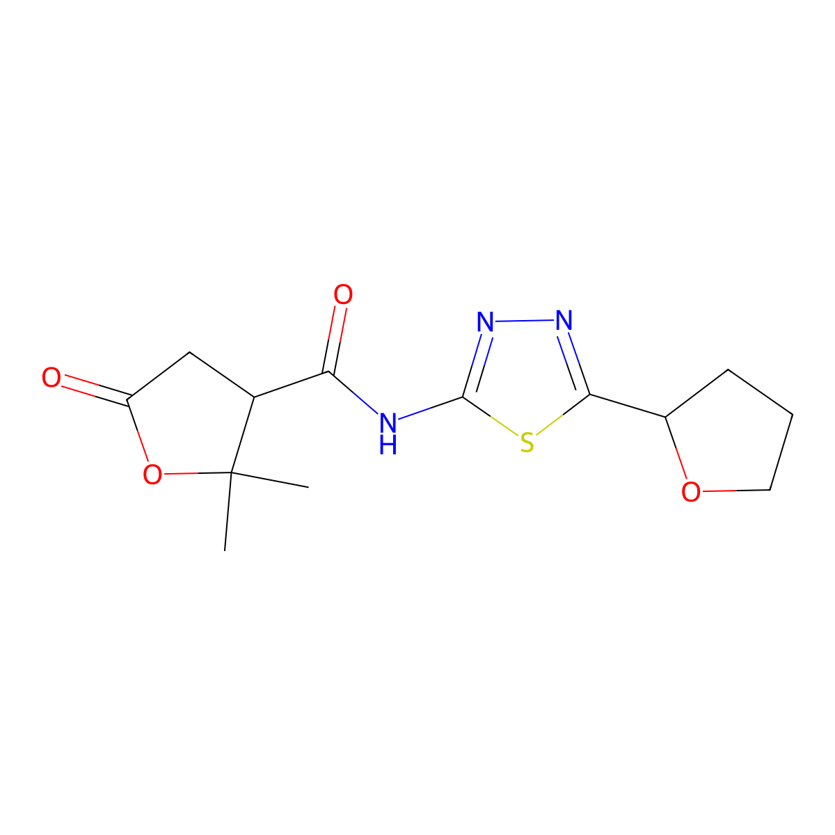 2,2-dimethyl-5-oxo-N-(5-(tetrahydrofuran-2-yl)-1,3,4-thiadiazol-2-yl)tetrahydrofuran-3-carboxamide molecular structure, CAS 1574252-27-9