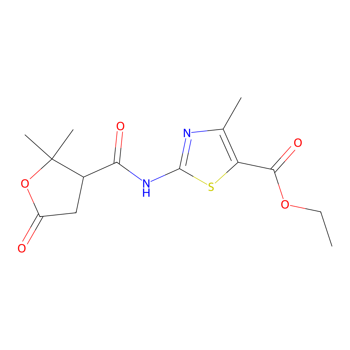 Ethyl 2-{[(2,2-dimethyl-5-oxotetrahydrofuran-3-yl)carbonyl]amino}-4-methyl-1,3-thiazole-5-carboxylate molecular structure, CAS 1574252-30-4