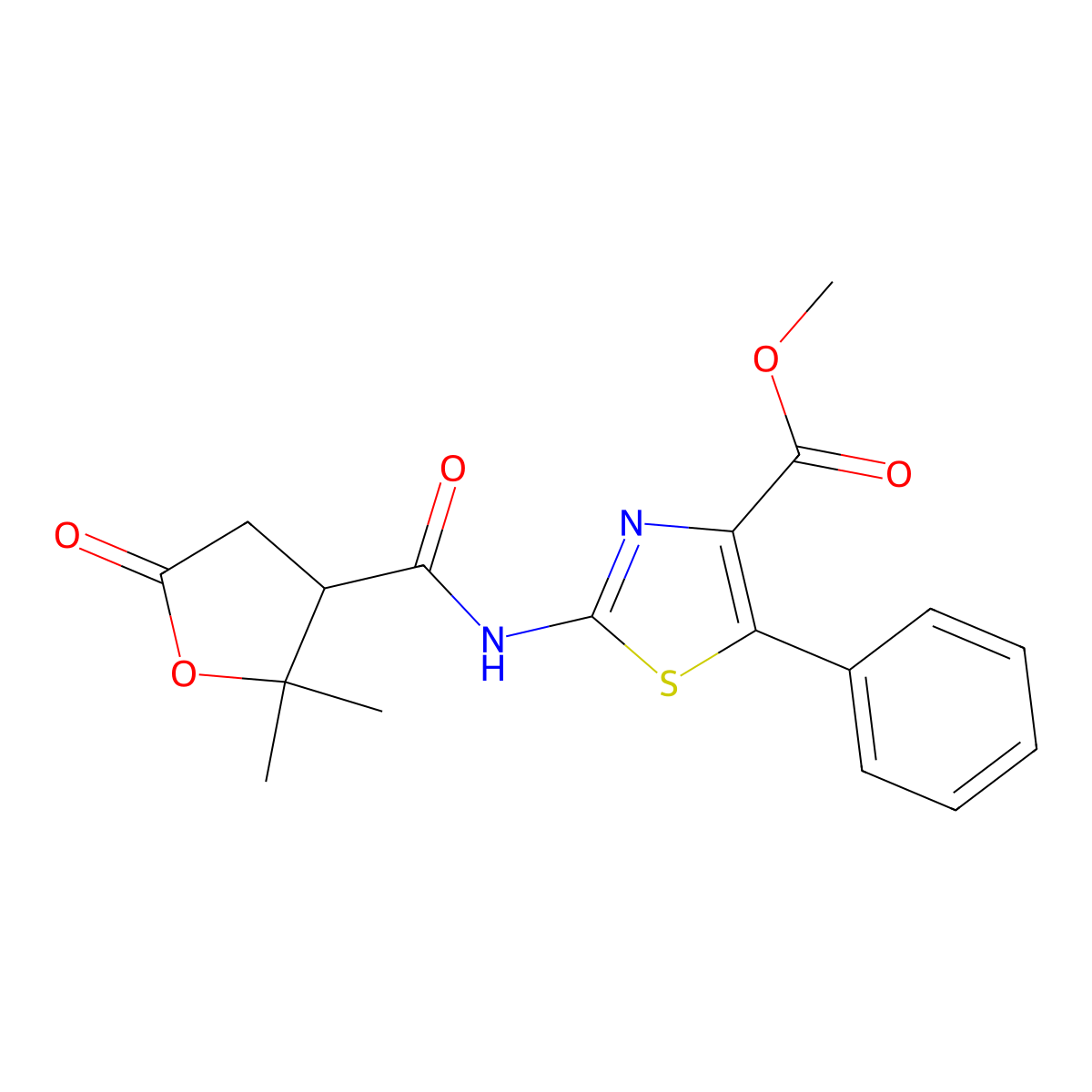 Methyl 2-{[(2,2-dimethyl-5-oxotetrahydro-3-furanyl)carbonyl]amino}-5-phenyl-1,3-thiazole-4-carboxylate molecular structure, CAS 1574252-33-7